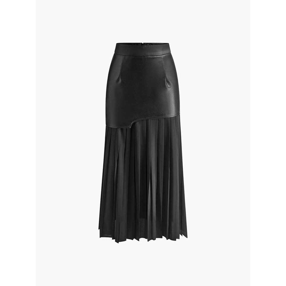 COMMENSE Black Faux Leather Chiffon Pleated Asymmetric Maxi Skirt US 8-10 L NWT - Picture 6 of 12